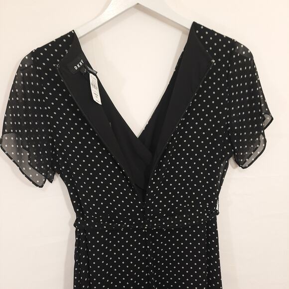 NWT DKNY Black Polka Dot Wrap Style Dress Sz 6 Ruffle Flutter Sleeve Tie Waist - Picture 9 of 11